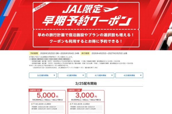 Yahoo!トラベル、「JAL限定早期予約クーポン」を追加配布最大5,000円割引