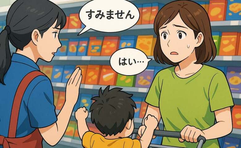 「降りるー！」スーパーのお菓子コーナーで息子が大暴れし苦戦→直後、店員が声をかけてきて…結末は