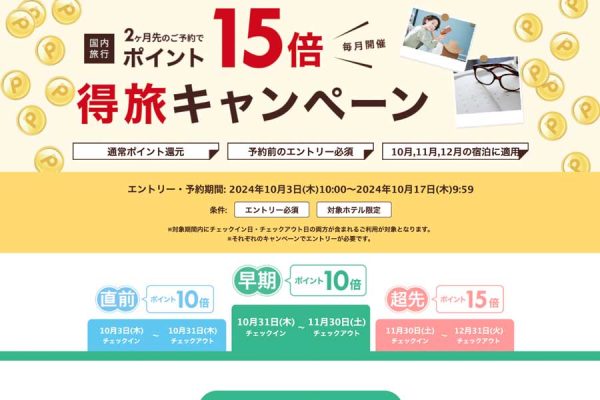 楽天トラベル、国内宿泊でポイント最大15倍「得旅キャンペーン」開催