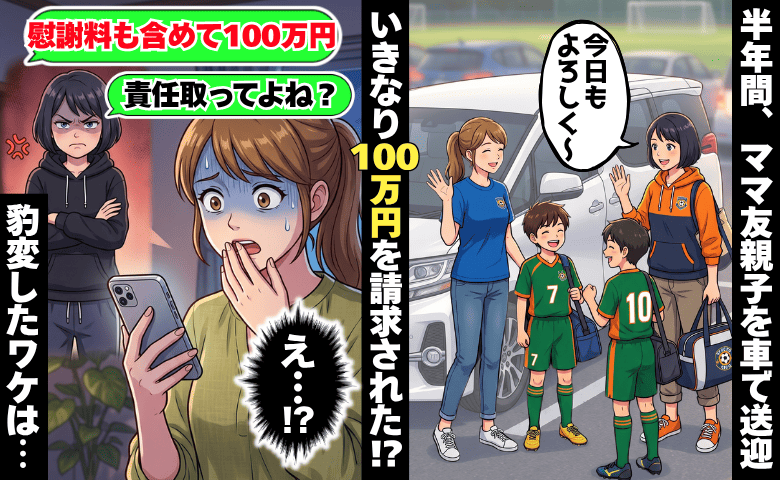 ママ友「責任取ってよ？」半年間、善意で送迎した相手から100万円の請求！？⇒豹変した理由に絶句！