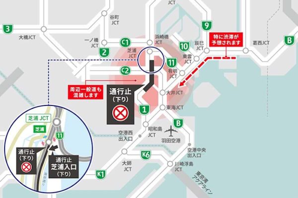首都高速道路、1号羽田線下り・芝浦〜勝島間を終日通行止め5月9日〜10日、工事のため