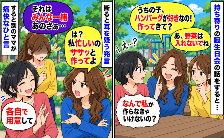 持ち寄り食事会なのに「うちの子のも作って！野菜は入れないで」しつこいママに別のママが痛快なひと言