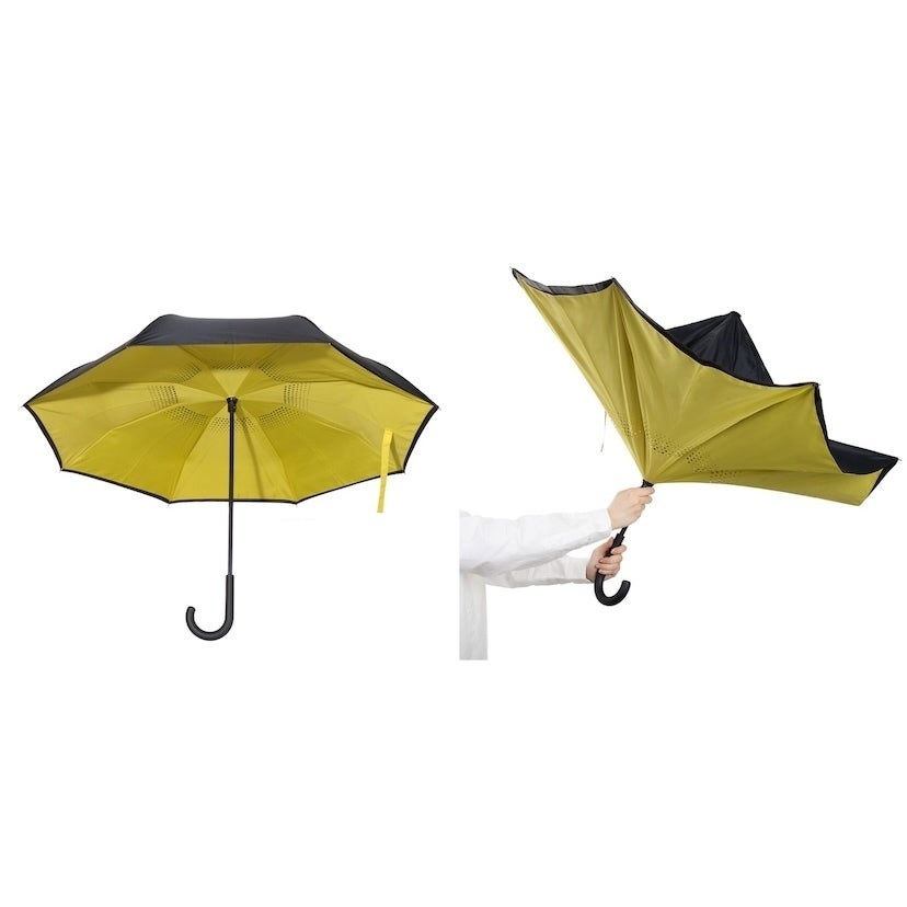 子ども連れの雨の日、傘をたたむ一瞬さえも大変…これで解決！たたむと濡れた面が内側に収まる逆とじ傘が登場