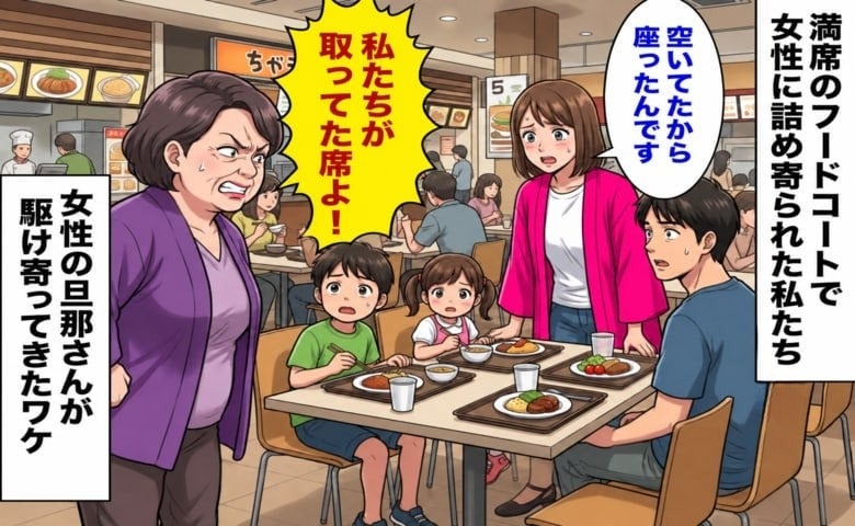 女性「私たちが取ってた席よ！」私「空いてましたが…」フードコートで困惑…⇒女性の旦那さんが来ると