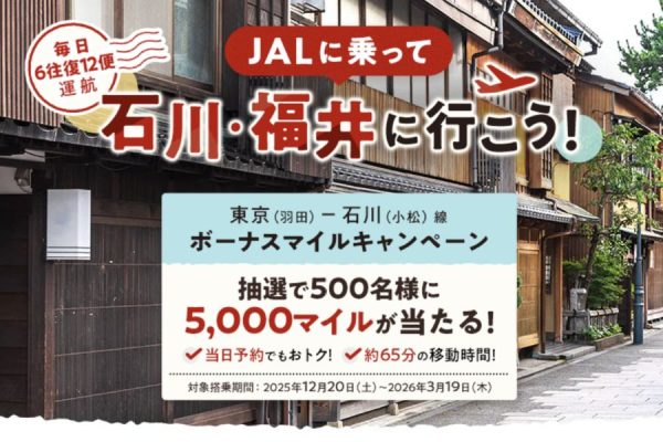 JAL、東京/羽田～小松線でボーナスマイルを抽選でプレゼント500名に5,000マイル