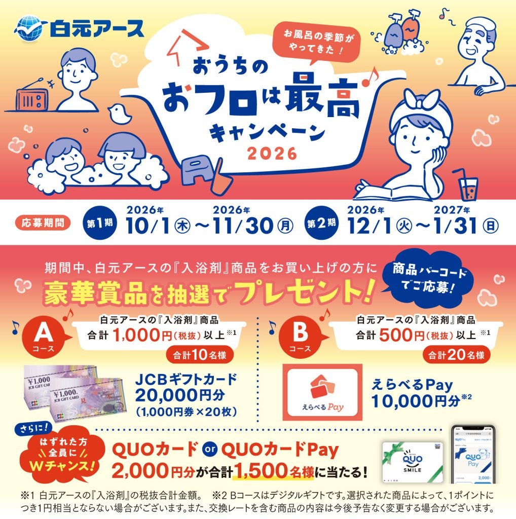 入浴剤で2万円ギフト券が当たるかも！白元アース「おうちのおフロは最高キャンペーン2026」