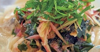 冷凍うどんで具だくさんメニュー「薬味たっぷり梅ささ身うどん」