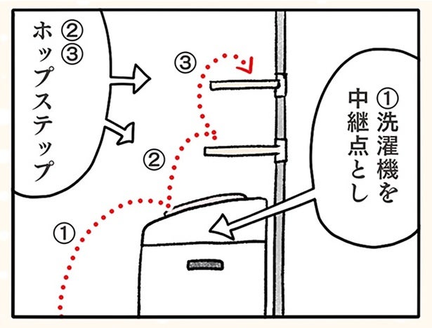 洗濯機の上を目指すために計算中。完璧なルートを導き出した猫の行く末は？