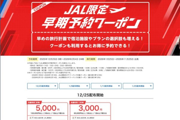 ヤフートラベル、「JAL限定早期予約クーポン」を追加配布最大5,000円割引