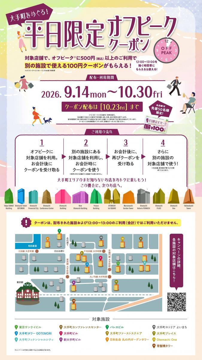 東京・大手町周辺施設で何度でもクーポンがもらえる＆使える！ 平日限定キャンペーンは10月30日まで。