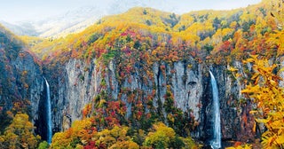 見どころは壮大な二条の滝と紅葉国指定名勝「米子瀑布群」の絶景