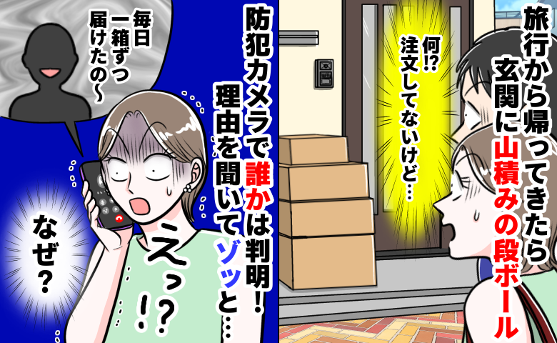 旅行から帰ると玄関に大量の段ボール！？注文していないのに…→防犯カメラを見た夫婦が固まったワケ