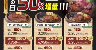 ステーキ3種類が値段そのまま50%増量！「ステーキのあさくま」の"肉の日"、9月は26日・27日に開催。