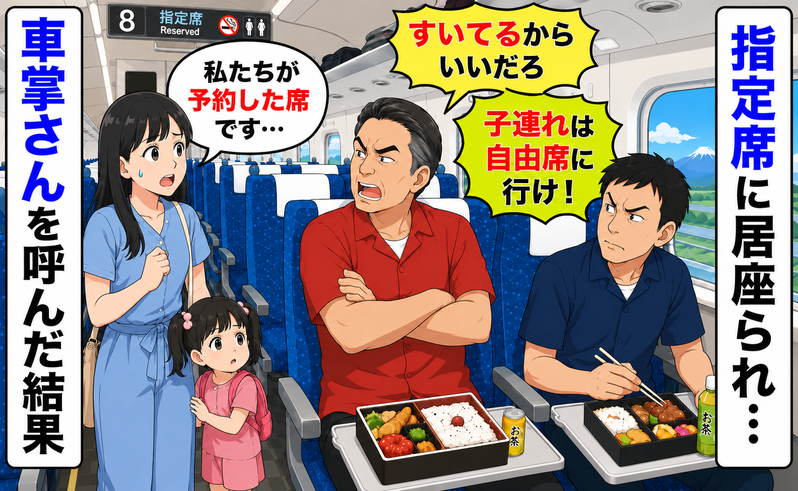 私たちの指定席に居座る2人「子連れは自由席に行け！」弁当を広げ退く気配無し…車掌さんを呼んだ結果