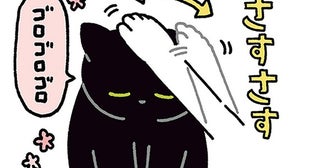 どんどん傾いていく首。なでる手にぴたっと寄り添う黒猫ろん