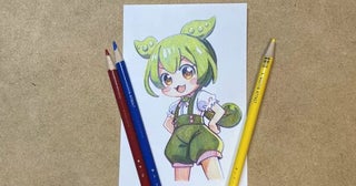 「ずんだもん」を赤、青、黄色の3色の色鉛筆だけで描いてみた！ 緑を使わず限られた色の濃淡を重ねてカラフルなイラストを描き上げる