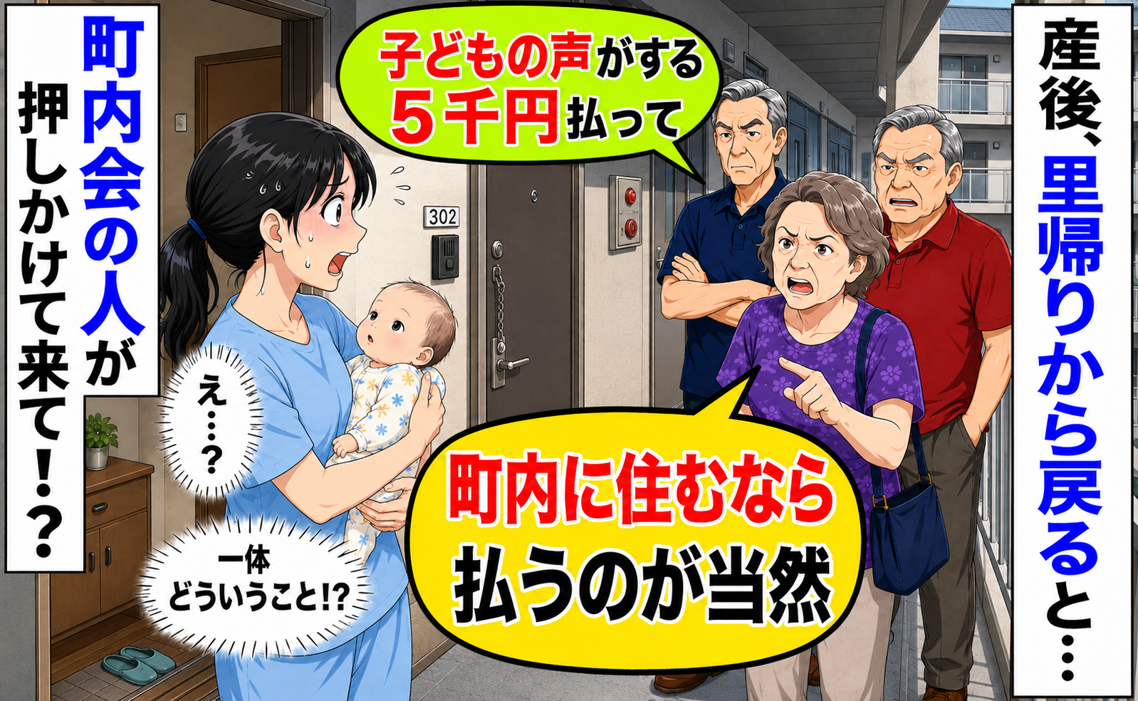 里帰りから戻ると町内会の人が訪問「子どもの声がする！５千円払って！」断ると翌日からまさかの事態に