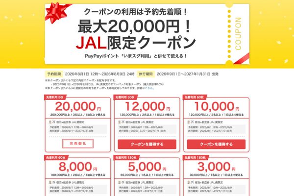 ヤフートラベル、「JAL限定クーポン」を配布最大2万円割引