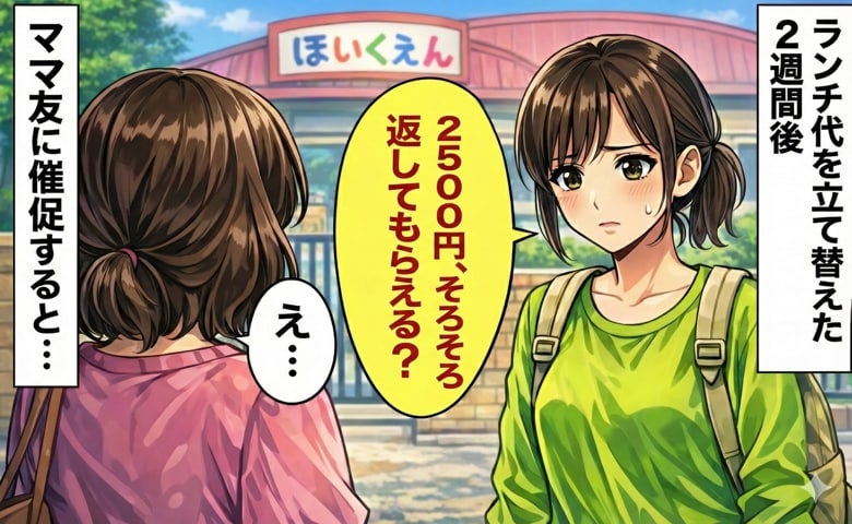 「2500円、返して？」なかなか払わないママ友→意を決してランチ代を催促した私に、ママ友は…