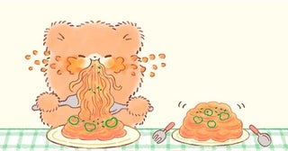 似た者同士？スパゲッティに夢中のこぐまと、食いしん坊のハムスター