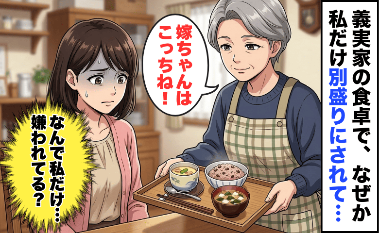 「嫁ちゃんはこっちね！」義実家の食卓で私だけ“別盛り”→嫌われてる？思い切って義母に聞いた結果…