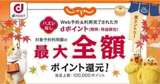 じゃらんnet、最大全額をdポイントで還元12月15日まで