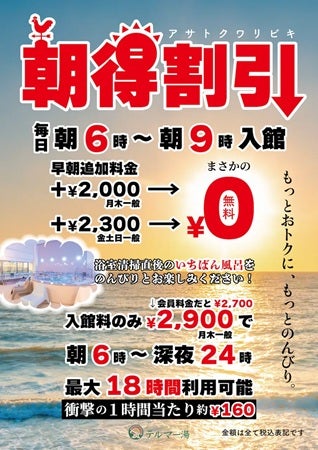 【東京都新宿区】新宿天然温泉テルマー湯が、早朝追加料金が無料になる朝得割引を開始！お得に朝風呂を