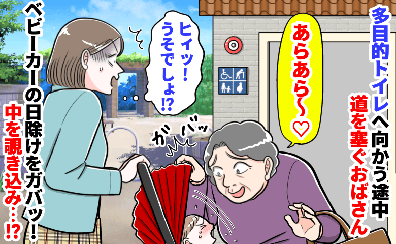 「うそ…」多目的トイレへ向かう途中、道を塞ぐおばさん→ベビーカーの日除けをガバッ！中を覗き込み…