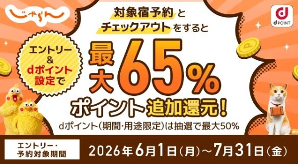 じゃらんnet、最大65％ポイント追加還元6月1日から7月31日まで