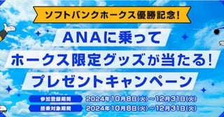 ANAとANAあきんど、「ANAに乗ってホークス限定グッズが当たる！プレゼントキャンペーン」を実施中